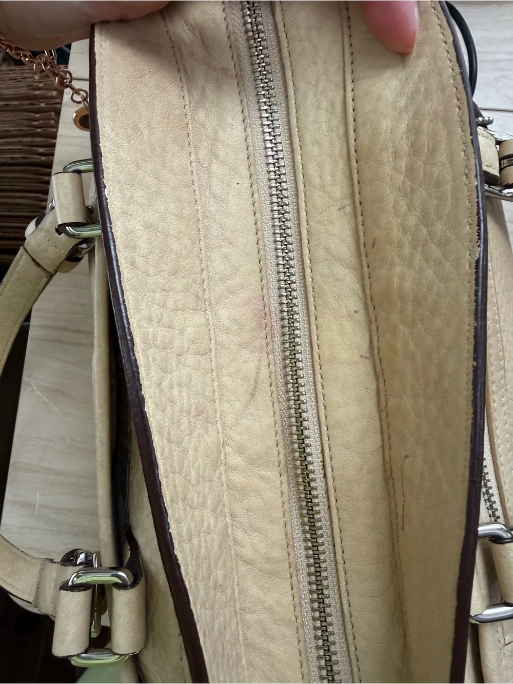 Coach Pebbled Leather Satchel in Beige with Dark Trim